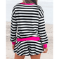 Bionda Black Stripe Contrast Ribbed Banding Long Sleeve Blouse Loose Shorts Set