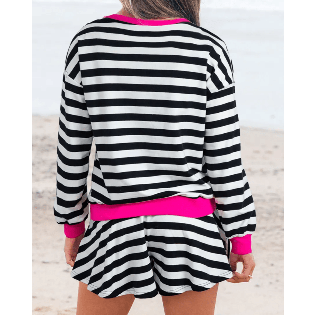 Bionda Black Stripe Contrast Ribbed Banding Long Sleeve Blouse Loose Shorts Set