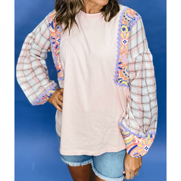 Nila Ricrac Trim Floral Plaid Patchwork Puff Sleeve Blouse