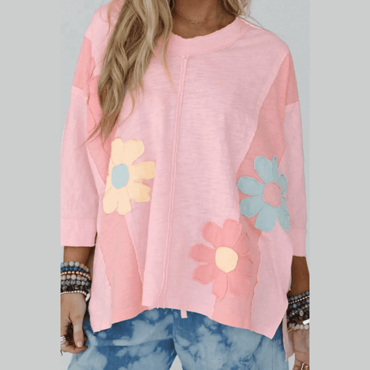 Renee Pink Flower Patched Exposed Seam Bracelet Sleeve Oversized T Shirt