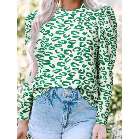 Shanna Green Leopard Print Mock Neck Puff Sleeve Top