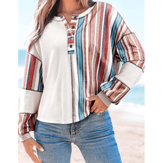 Bernadette Beige Striped Waffle Patchwork Exposed Seam Raw Edge Casual Knit Top