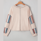 Bernadette Beige Striped Waffle Patchwork Exposed Seam Raw Edge Casual Knit Top