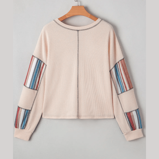 Bernadette Beige Striped Waffle Patchwork Exposed Seam Raw Edge Casual Knit Top