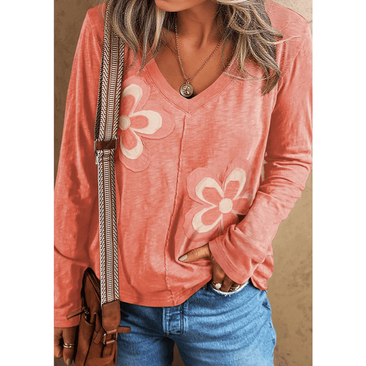 Crystal Fresh Salmon Floral Patchwork V Neck Long Sleeve T Shirt