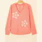 Crystal Fresh Salmon Floral Patchwork V Neck Long Sleeve T Shirt