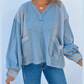 Celeste Dusk Blue Exposed Seam Waffle Striped Patchwork Baggy Pullover
