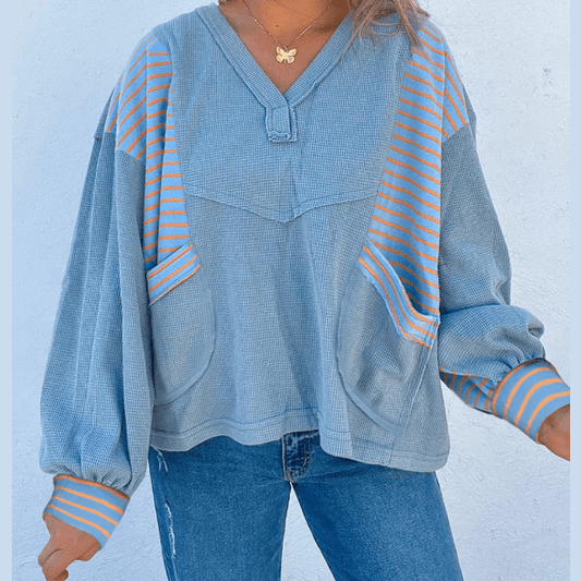 Celeste Dusk Blue Exposed Seam Waffle Striped Patchwork Baggy Pullover