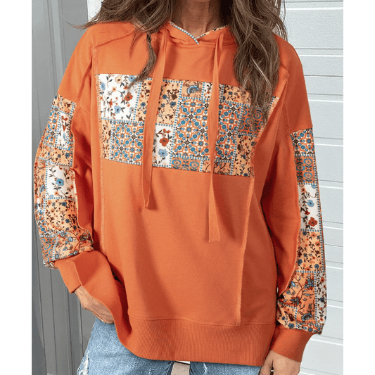 Loryn Mix Floral Patchwork Side Slit Drawstring Hoodie
