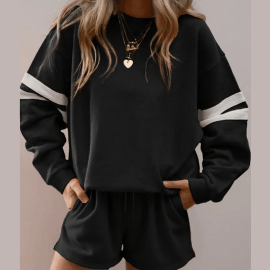 Black Varsity Striped Sleeve Drop Shoulder Sweatshirt and Short Set