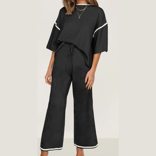 Tatina Black Contrast Trim Half Sleeve Top Drawstring Pants Loose 2pcs Sweater Suit