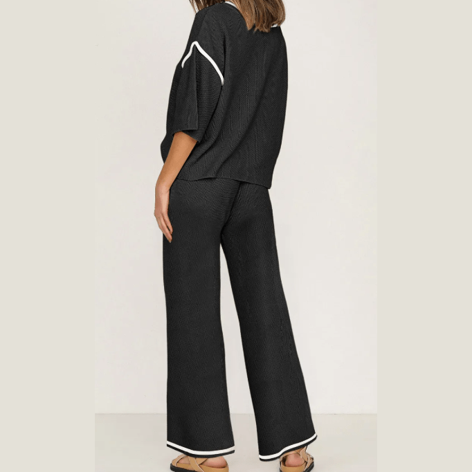 Tatina Black Contrast Trim Half Sleeve Top Drawstring Pants Loose 2pcs Sweater Suit