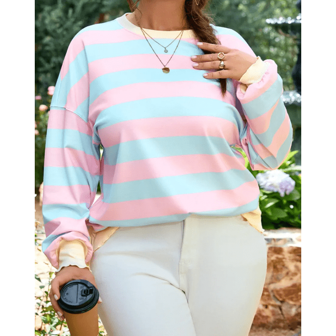 Ashton Sky Blue Stripe Drop Shoulder Crewneck PLUS SIZE Sweatshirt