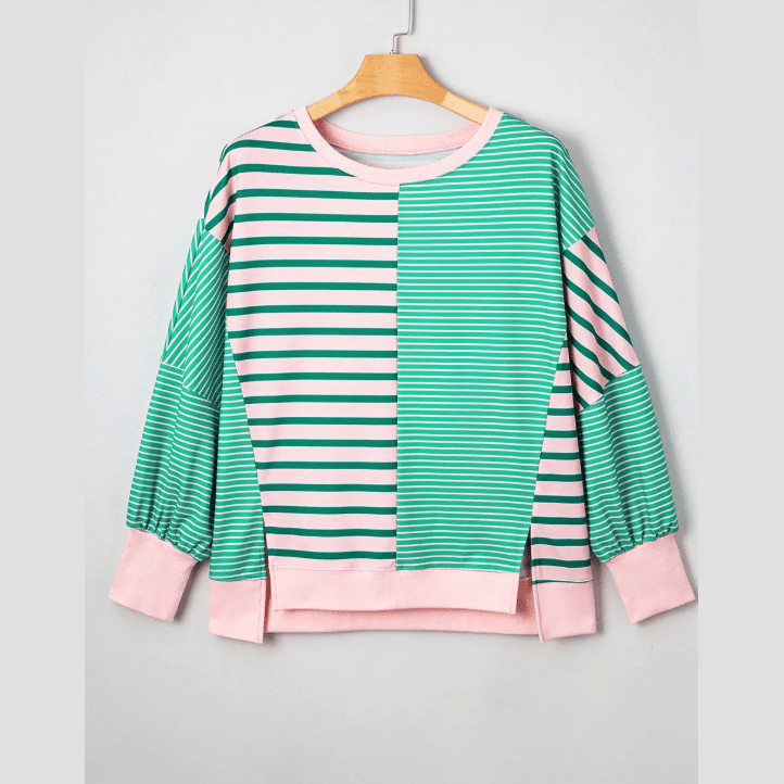 Lue Green Stripe Color Block Exposed Seam Side Slit PLUS SIZE Sweatshirt