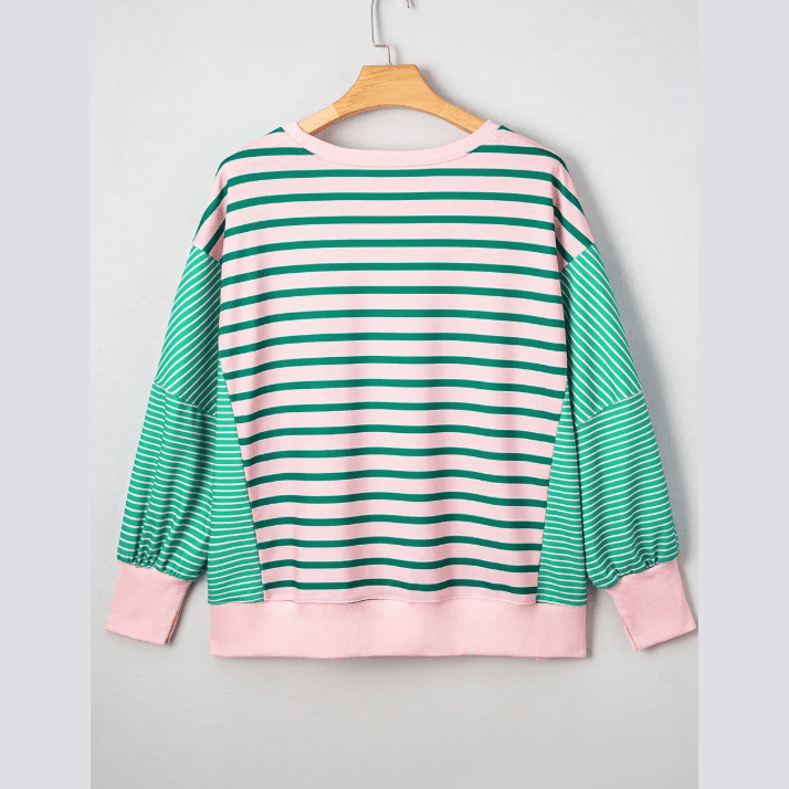 Lue Green Stripe Color Block Exposed Seam Side Slit PLUS SIZE Sweatshirt