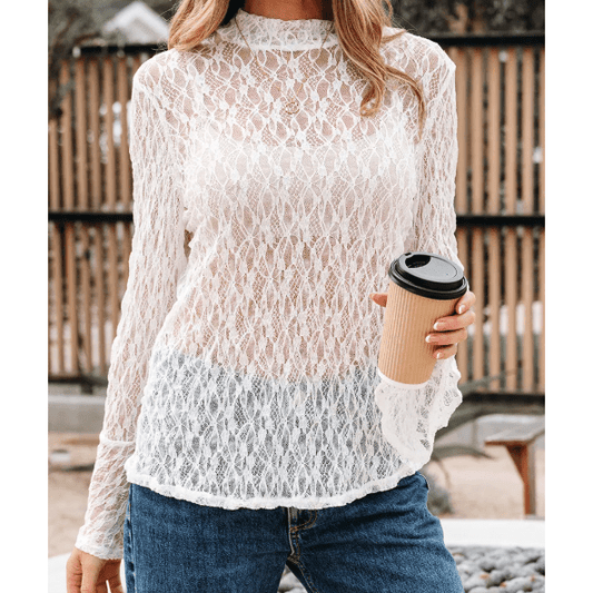 Donna White Sheer Lace Bell Sleeve Mock Neck Blouse