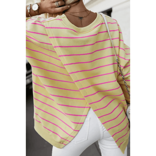 Evelyn Yellow Stripe Overlap Detail Drop Shoulder Pullover Sweatshirt