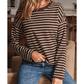Gena Brown Stripe Ribbed Cropped Crew Neck Long Sleeve T Shirt