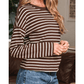 Gena Brown Stripe Ribbed Cropped Crew Neck Long Sleeve T Shirt