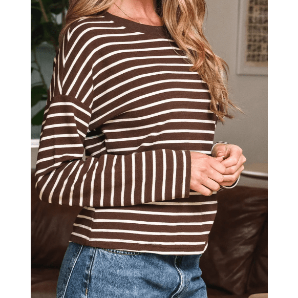 Gena Brown Stripe Ribbed Cropped Crew Neck Long Sleeve T Shirt