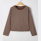 Gena Brown Stripe Ribbed Cropped Crew Neck Long Sleeve T Shirt