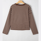 Gena Brown Stripe Ribbed Cropped Crew Neck Long Sleeve T Shirt