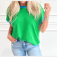 Grayson Green Contrast Trim Round Neck Short Sleeve Loose Knit Sweater