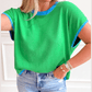Grayson Green Contrast Trim Round Neck Short Sleeve Loose Knit Sweater