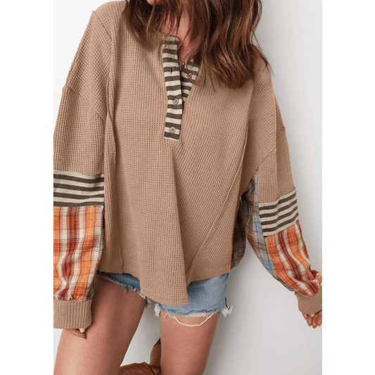 Jenny Khaki Waffle Stripe Plaid Patchwork Henley Knit Top