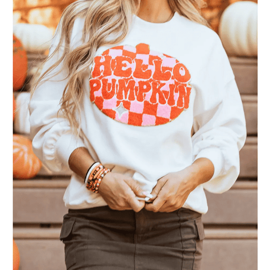 White Terry Halloween Pumpkin Patched Pattern Pullover Sweatshirt