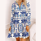 Myra Blue Ethnic Print Striped Split Neck Long Sleeve Flowy Mini Dress