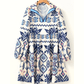 Myra Blue Ethnic Print Striped Split Neck Long Sleeve Flowy Mini Dress