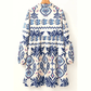 Myra Blue Ethnic Print Striped Split Neck Long Sleeve Flowy Mini Dress