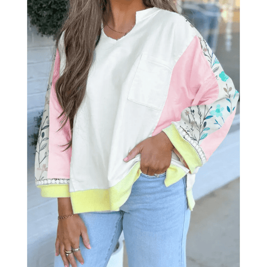 RTS Roschel White Floral Colorblock Patchwork Chest Pocket Notched Neck Long Sleeve Top