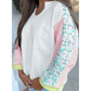 Roschel White Floral Colorblock Patchwork Chest Pocket Notched Neck Long Sleeve Top