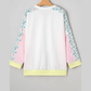 Roschel White Floral Colorblock Patchwork Chest Pocket Notched Neck Long Sleeve Top