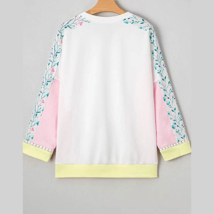Roschel White Floral Colorblock Patchwork Chest Pocket Notched Neck Long Sleeve Top