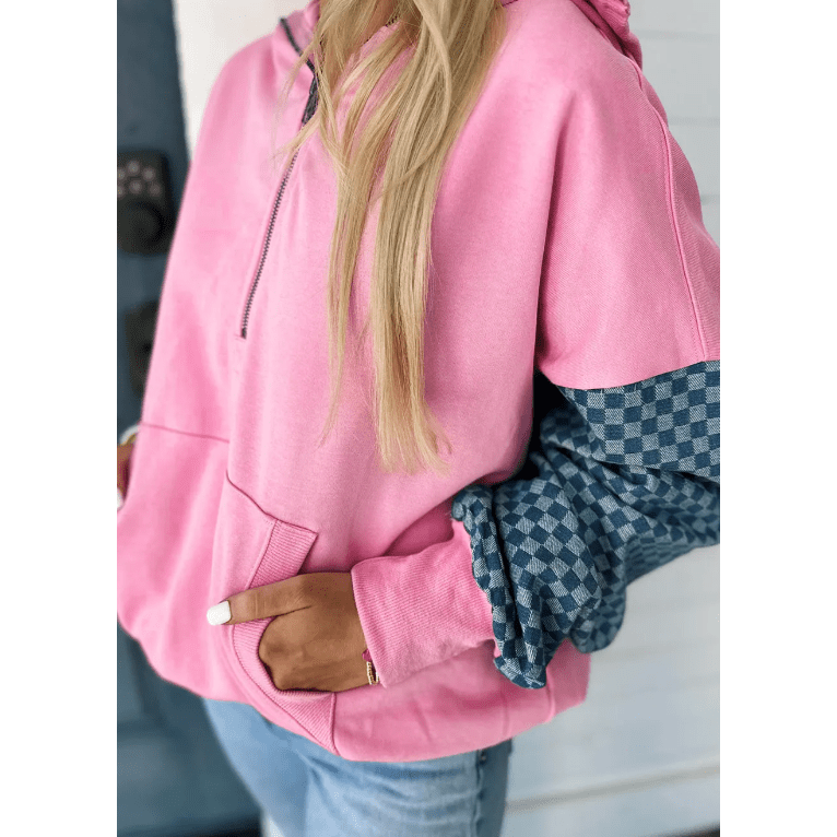 Ada Pink Checkered Patchwork Kangaroo Pocket Half Zipper Hoodie