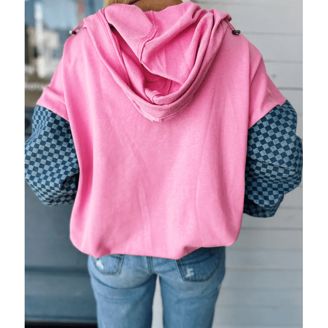 Ada Pink Checkered Patchwork Kangaroo Pocket Half Zipper Hoodie