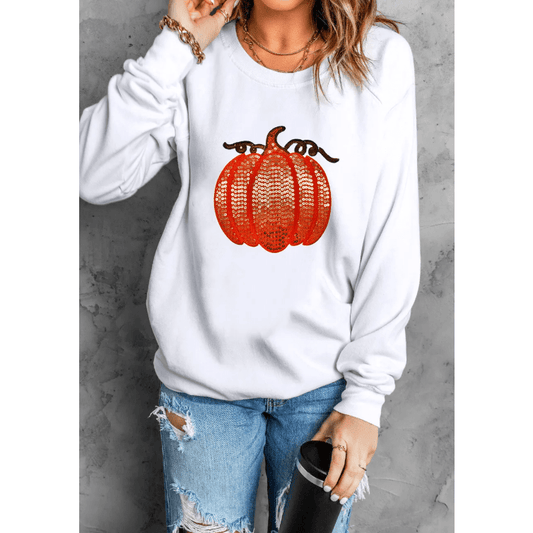 White Sequin Pumpkin Patched Casual Pullover Graphic Sweatshirt