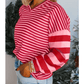 Louise Strawberry Pink Mix Striped Drop Shoulder Patchwork Sleeve V Neck Pullover