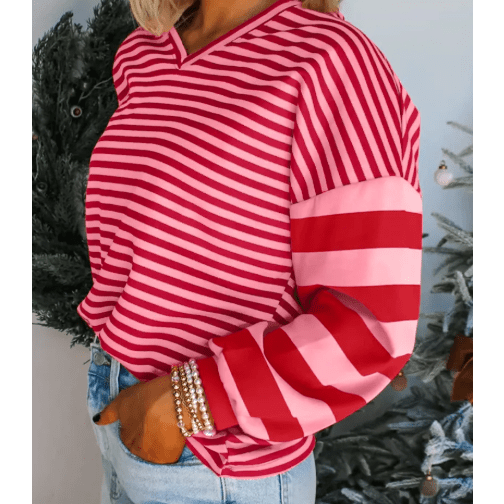 Louise Strawberry Pink Mix Striped Drop Shoulder Patchwork Sleeve V Neck Pullover