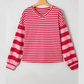 Louise Strawberry Pink Mix Striped Drop Shoulder Patchwork Sleeve V Neck Pullover