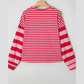 Louise Strawberry Pink Mix Striped Drop Shoulder Patchwork Sleeve V Neck Pullover