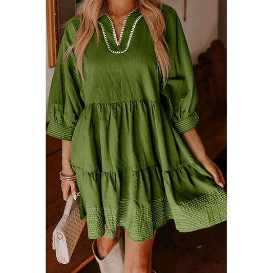 Kesha Jungle Green Contrast Stitched V Neck 3/4 Sleeve Tiered Mini Dress