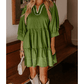 Kesha Jungle Green Contrast Stitched V Neck 3/4 Sleeve Tiered Mini Dress
