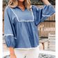 RTS Dusk Blue Lace Ric Rac 3/4 Puff Sleeve Collared Babydoll Blouse