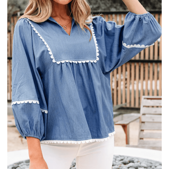 RTS Dusk Blue Lace Ric Rac 3/4 Puff Sleeve Collared Babydoll Blouse