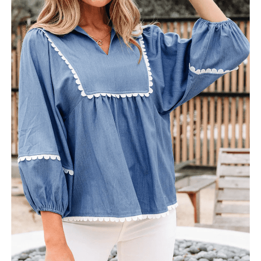 RTS Dusk Blue Lace Ric Rac 3/4 Puff Sleeve Collared Babydoll Blouse