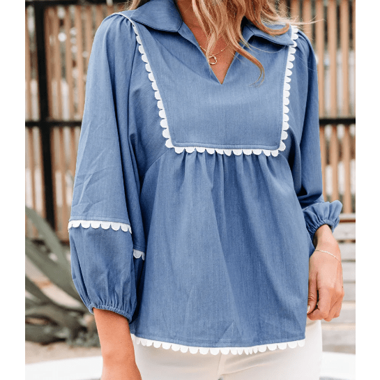 RTS Dusk Blue Lace Ric Rac 3/4 Puff Sleeve Collared Babydoll Blouse